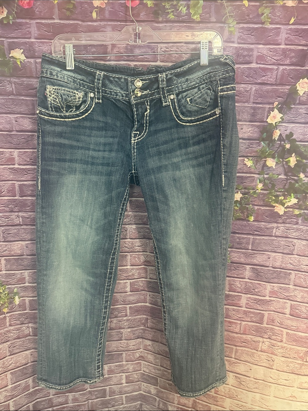 Vigoss Washed Blue Cropped Ankle Jeans Capri jewel bling size 7 check pics